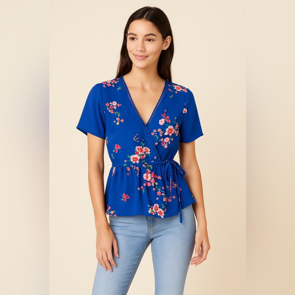 Sienna Sky Bright Blue Floral Faux Wrap Peplum Top – Size XS